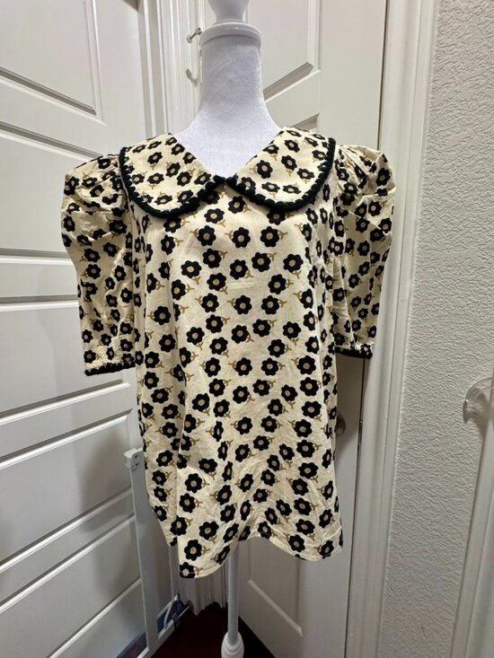 entro Tops - Entro Floral Peter Pan Collar Blouse Black Ivory Puff Sleeve Top Size Large